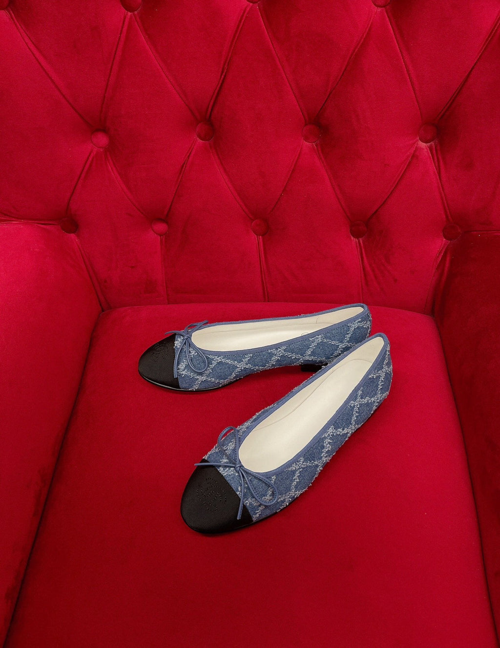 CHANEL ballet flat blue black denim grosgrain