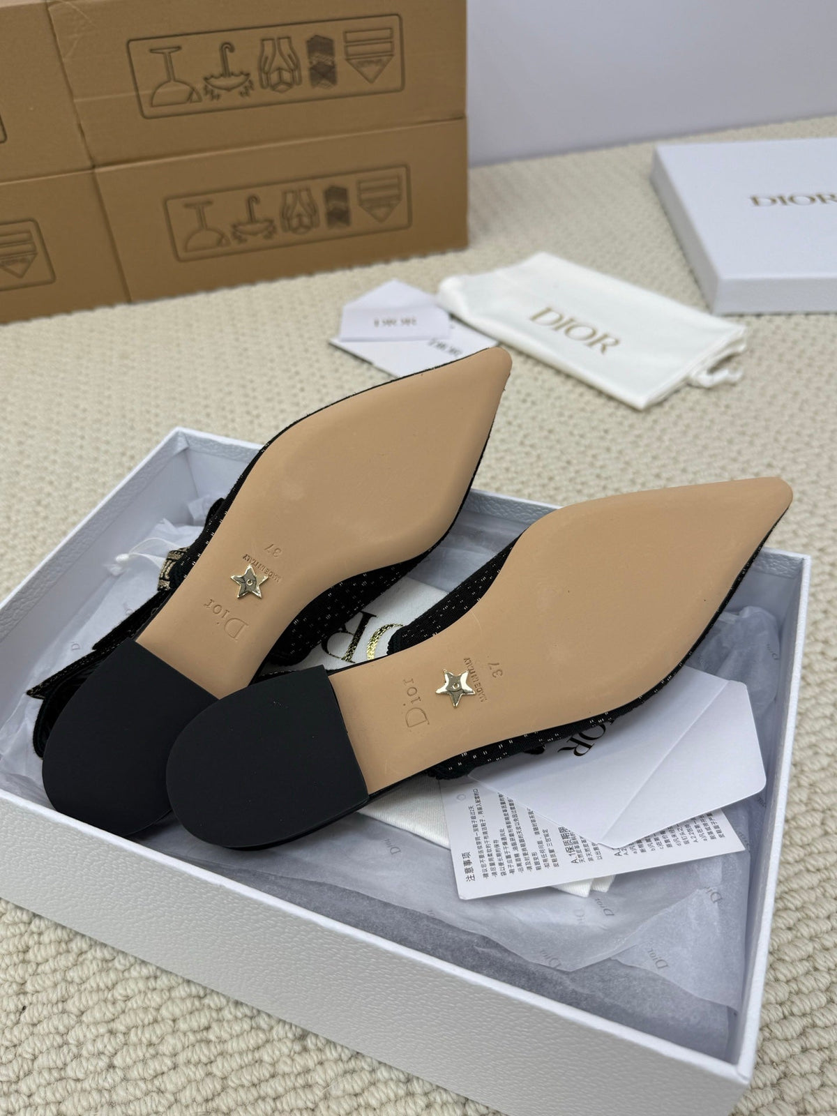 DIOR FLAT SLINGBACK 25S IN BLACK FABRIC AND BRAND NAME EMBROIDERY