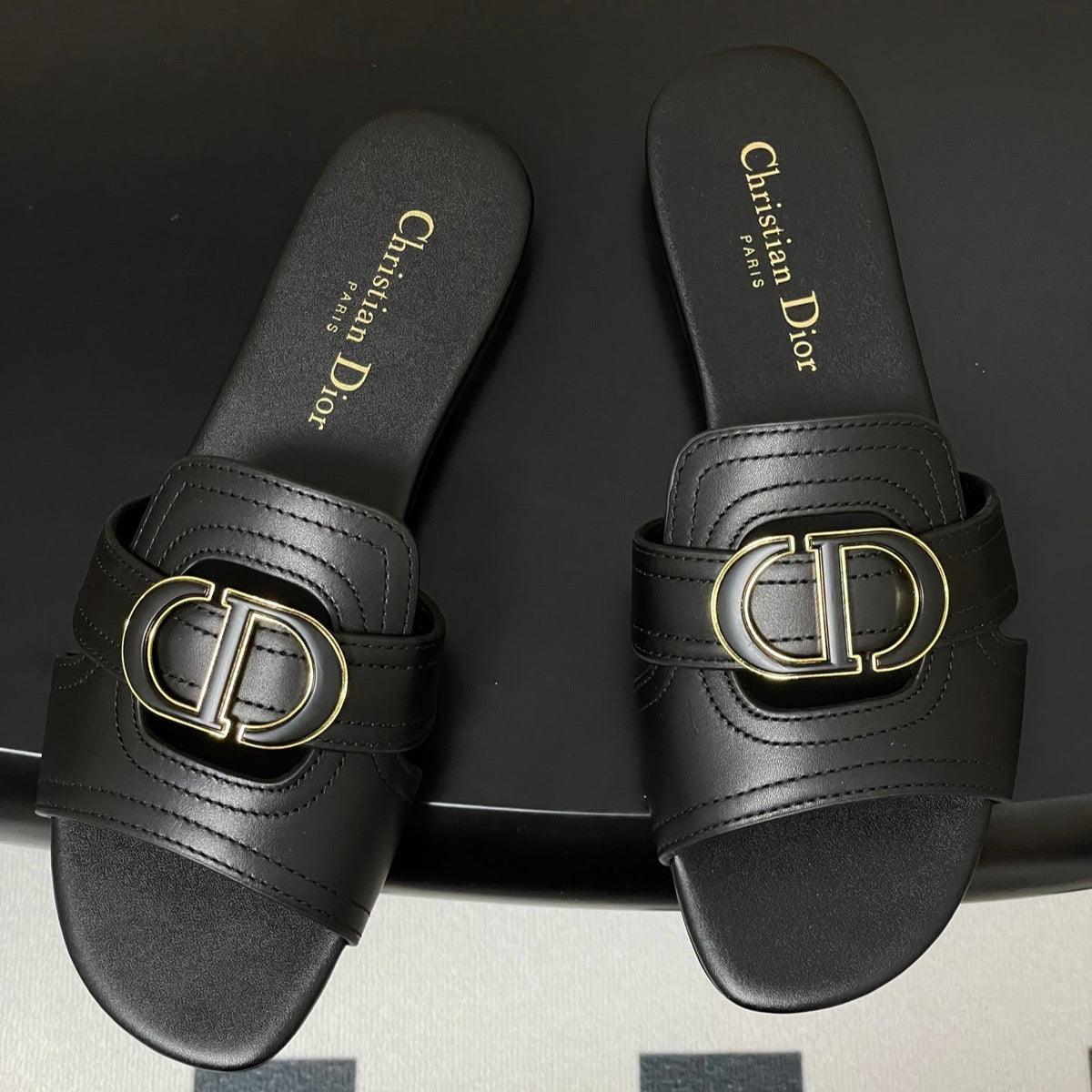DIOR CLASSIC MONTAIGNE SANDALS 25S IN BLACK LAMBSKIN WITH CD LOGO