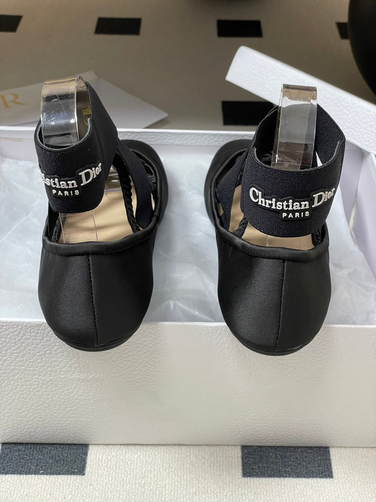 DIOR STRETCH BALLET FLATS 25S IN BLACK FABRIC WITH CROSSED STRAPS