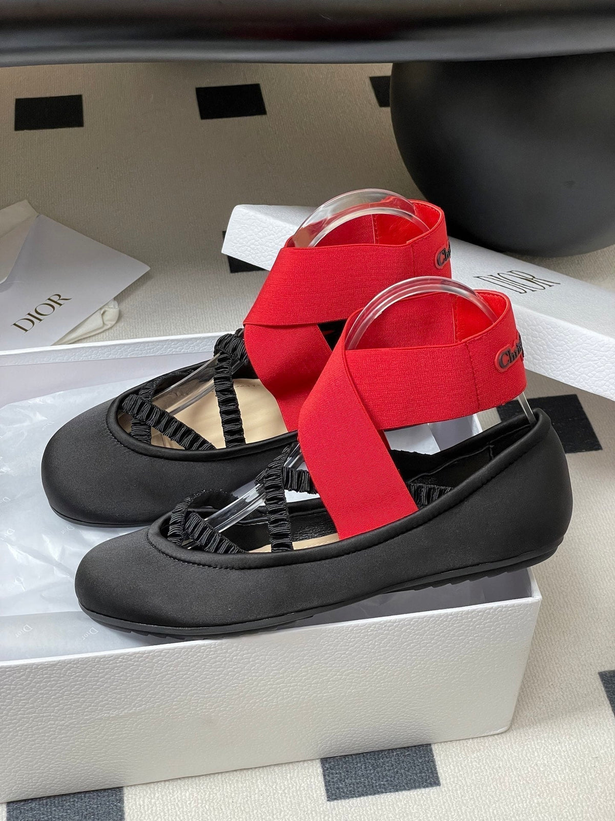 DIOR STRETCH BALLET FLATS 25S IN BLACK MIX RED FABRIC WITH CROSSED STRAPS