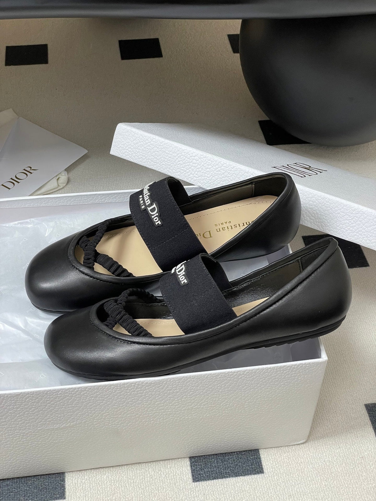 DIOR STRETCH BALLET FLATS 25S IN BLACK LAMBSKIN