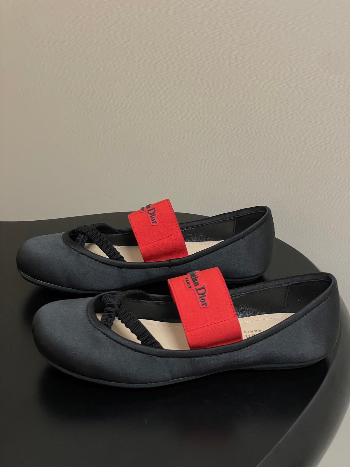 DIOR STRETCH BALLET FLATS 25S IN BLACK MIX RED FABRIC