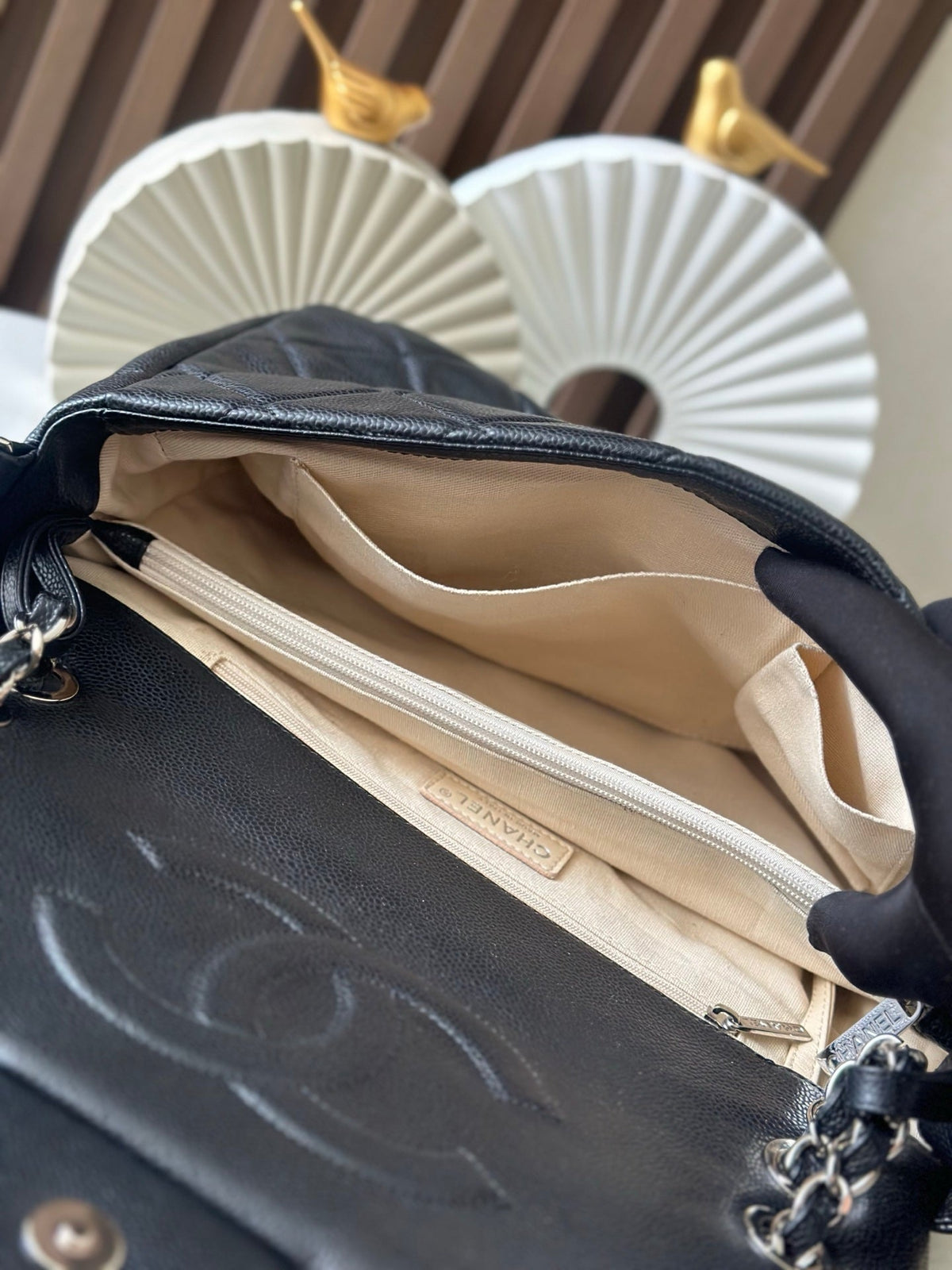 CHANEL 25S SHOULDER BAG 34 IN BLACK CAVIAR WITH SILVER HARDWARE