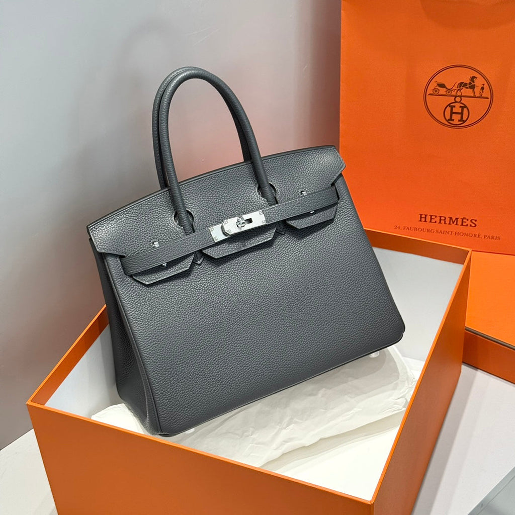 HERMES 25S BIRKIN 30 IN CHARCOAL GRAY CALFSKIN SILVER HARDWARE