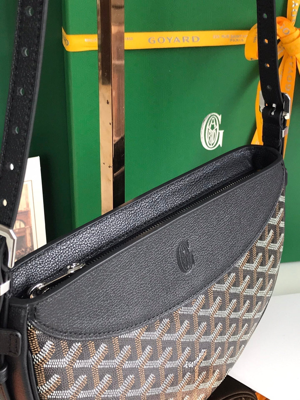 HIRONDELLE BAG 25 IN BLACK LAMBSKIN AND GOYARDINE CANVAS
