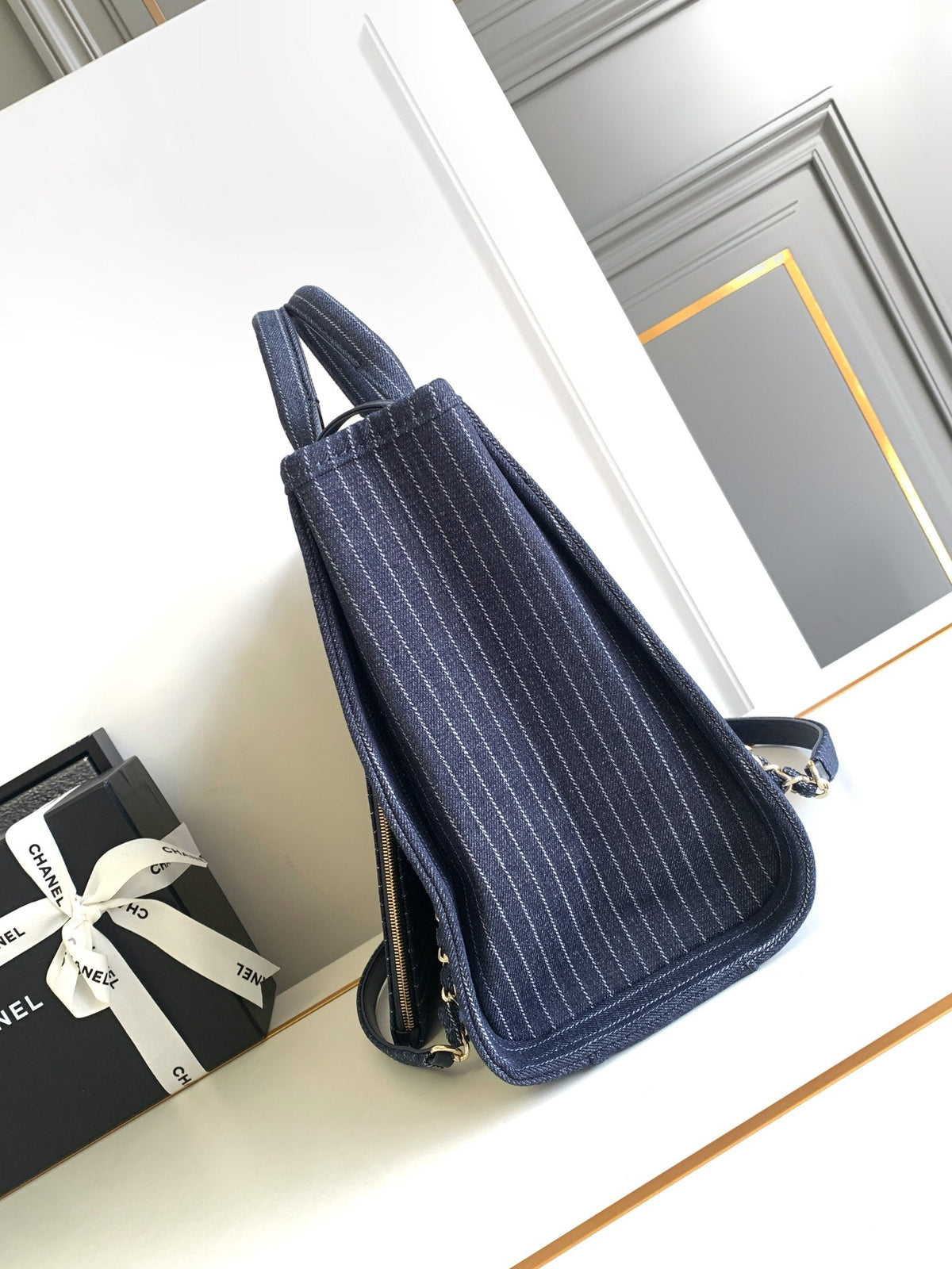 CHANEL 25S TOTE BAG 32 CM IN NAVY BLUE CANVAS
