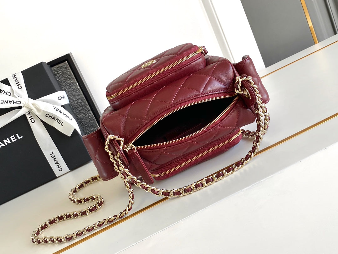 CHANEL 25S CAMERA BAG 23 IN DARK RED LAMBSKIN WITH GOLD HARDWARE