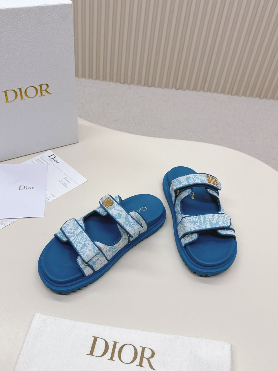 DIOR CLASSIC DOUBLE-STRAP SLIDES 25S IN OCEAN BLUE FABRIC AND CALFSKIN