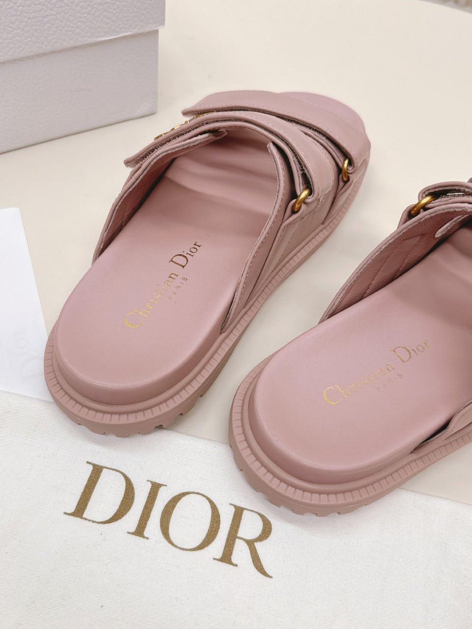 DIOR CLASSIC DOUBLE-STRAP SLIDES 25S IN BABY PINK CALFSKIN
