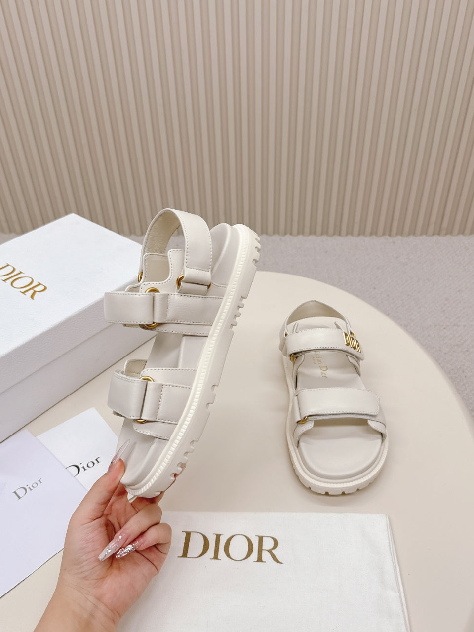DIOR BACK-STRAP SANDALS 25S IN CREAM WHITE CALFSKIN WITH GOLD HARDWARE