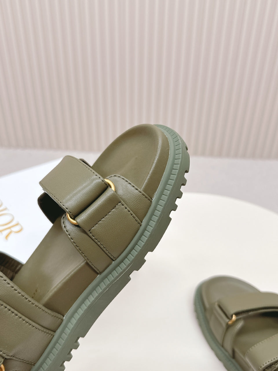 DIOR BACK-STRAP SANDALS 25S IN MOSS GREEN CALFSKIN WITH GOLD HARDWARE