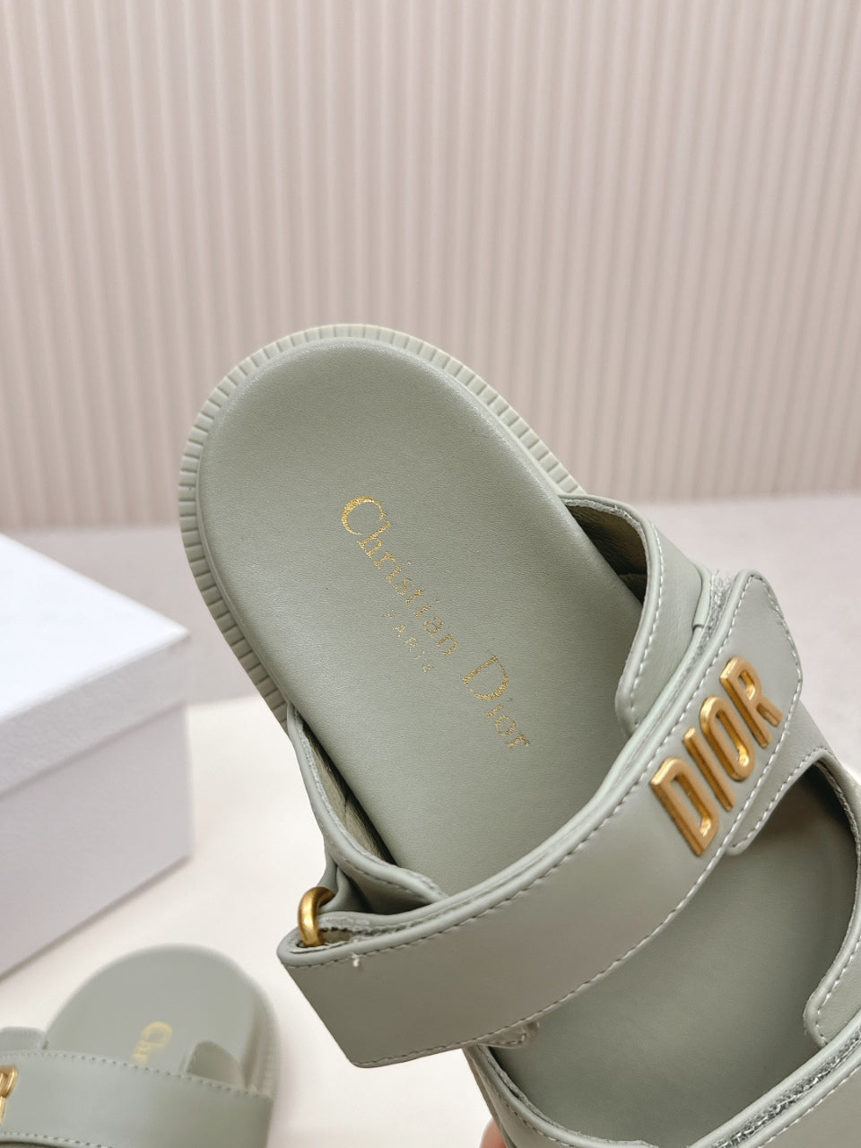 DIOR CLASSIC DOUBLE-STRAP SLIDES 25S IN LIGHT MOSS GREEN CALFSKIN