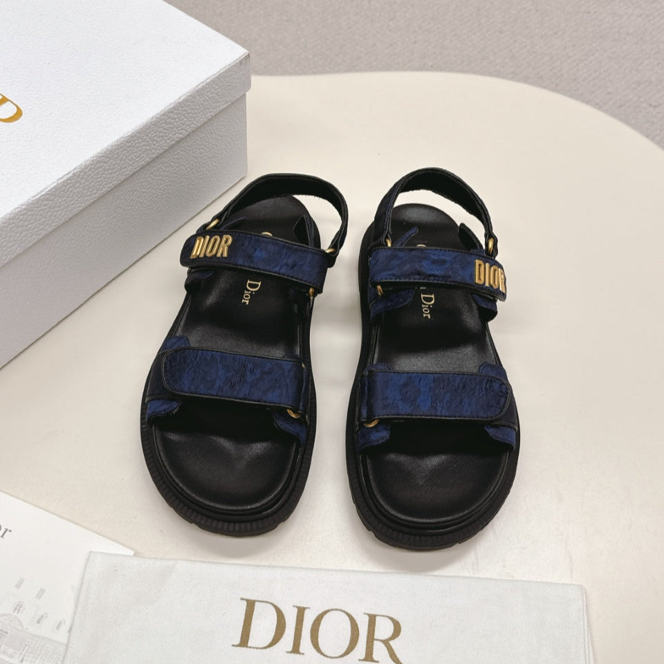 DIOR BACK-STRAP SANDALS 25S IN MIDNIGHT BLUE FABRIC AND BLACK CALFSKIN WITH GOLD HARDWARE