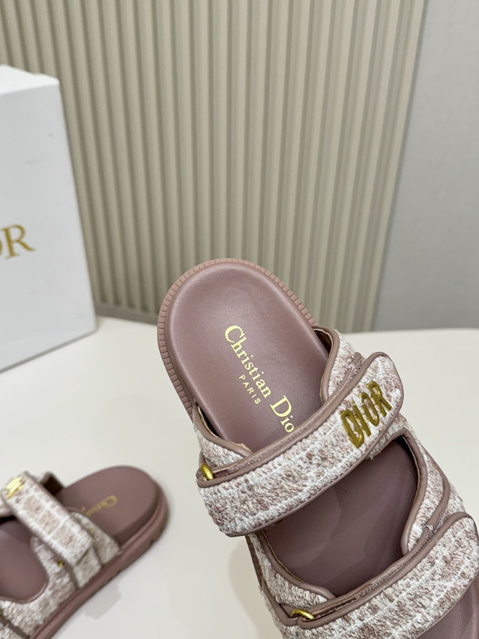 DIOR CLASSIC DOUBLE-STRAP SLIDES 25S IN ROSE BROWN TWEED AND CALFSKIN