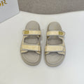 DIOR CLASSIC DOUBLE-STRAP SLIDES 25S IN BEIGE RAFFIA AND GREY CALFSKIN