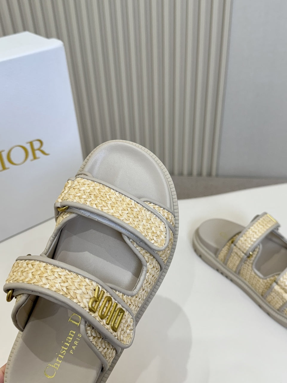 DIOR CLASSIC DOUBLE-STRAP SLIDES 25S IN BEIGE RAFFIA AND GREY CALFSKIN