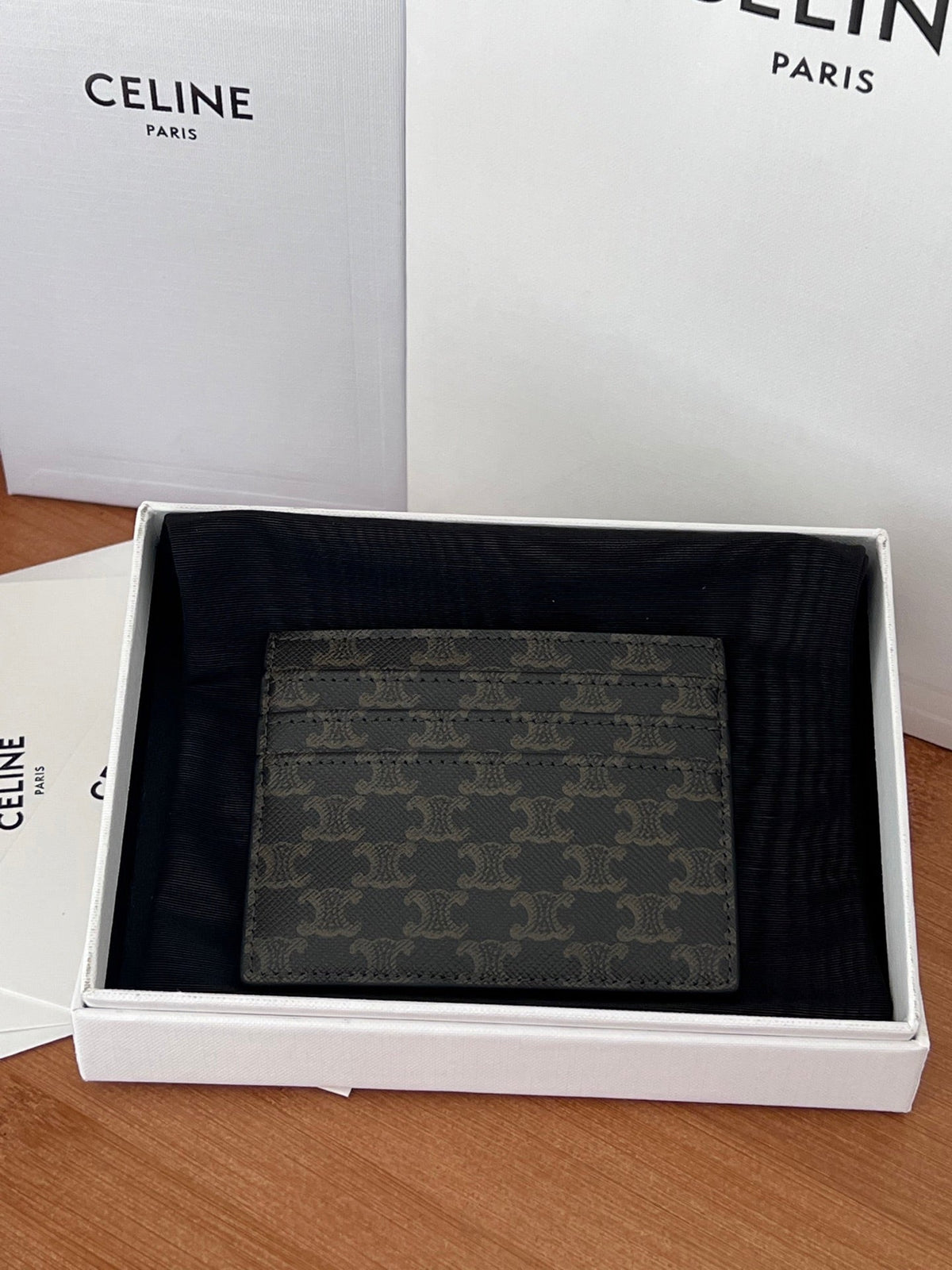 CELINE 25S CARD HOLDER WITH TRIOMPHE LOGO PRINT 11 IN BLACK TRIOPMHE CALFSKIN