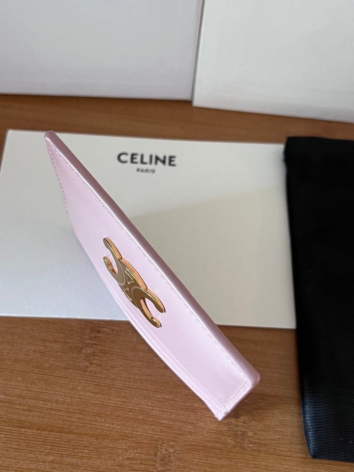 CELINE 25S CARD HOLDER WITH TRIOMPHE LOGO 11 IN PINK GLOSSY CALFSKIN