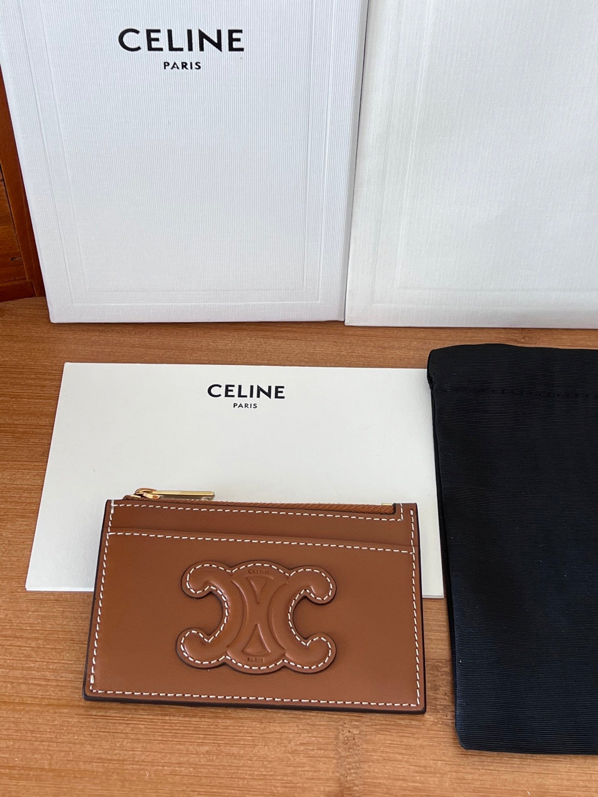 CELINE 25S ZIPPED CARD HOLDER 11 IN BROWN CALFSKIN GOLD HARDWARE
