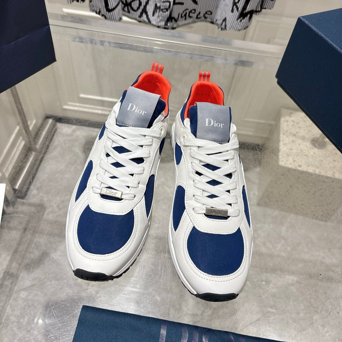 DIOR 25S MILE SERIES SNEAKERS 25MM IN WHITE BLUE CALFSKIN