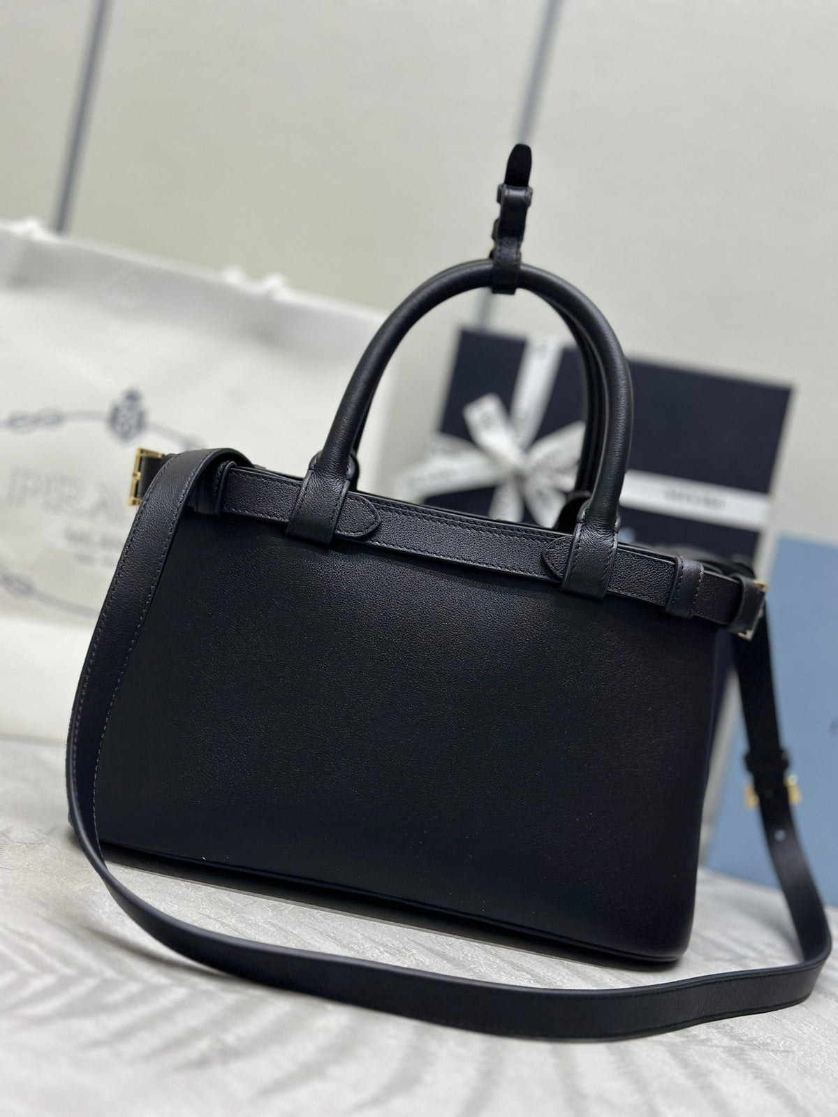 PRADA 25S BUCKLE MEDIUM HANDBAG 28 IN BLACK CALFSKIN GOLD HARDWRE