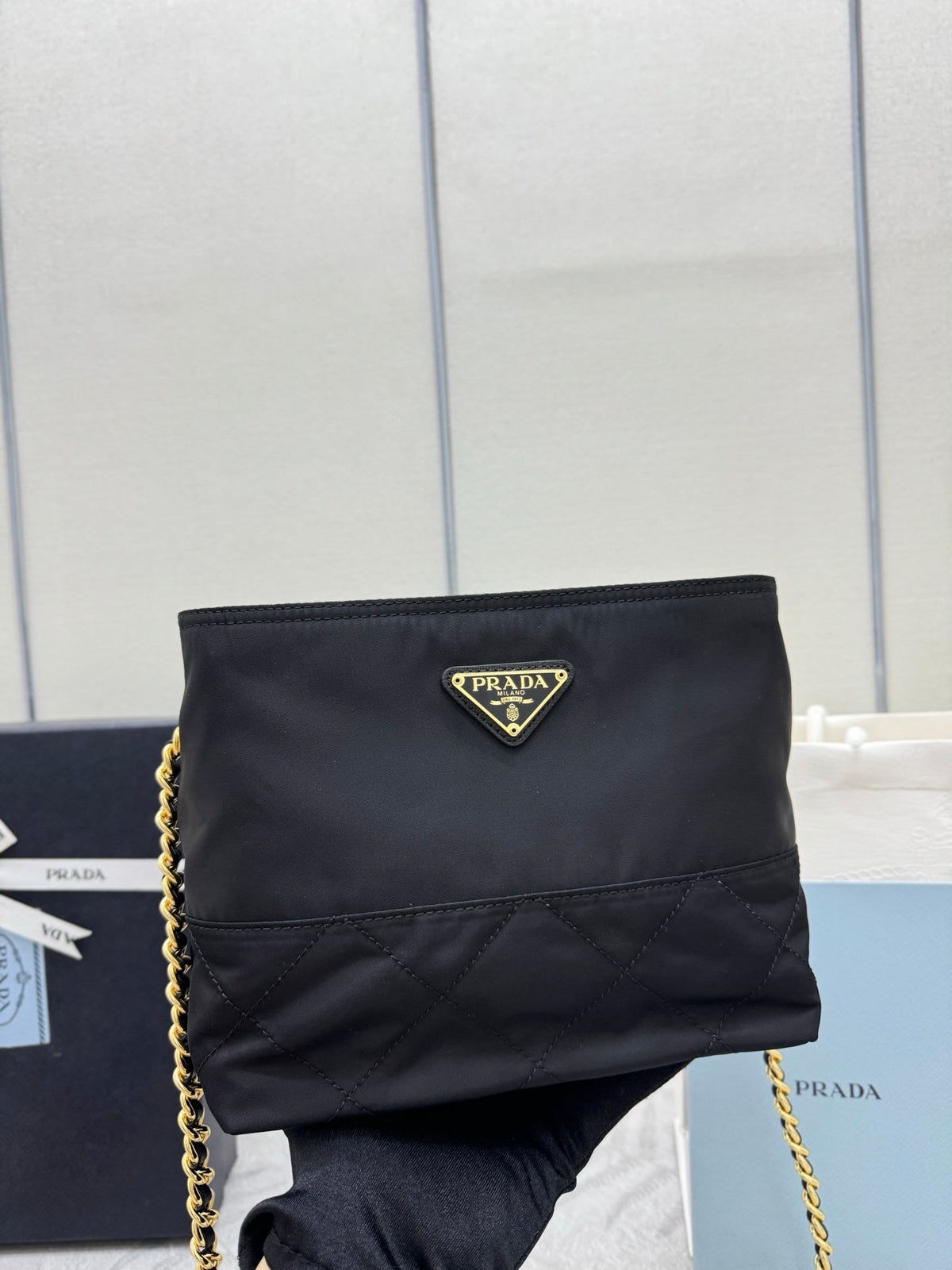 PRADA 25S CROSSBODY BAG 21 IN BLACK NYLON GOLD HARDWARE
