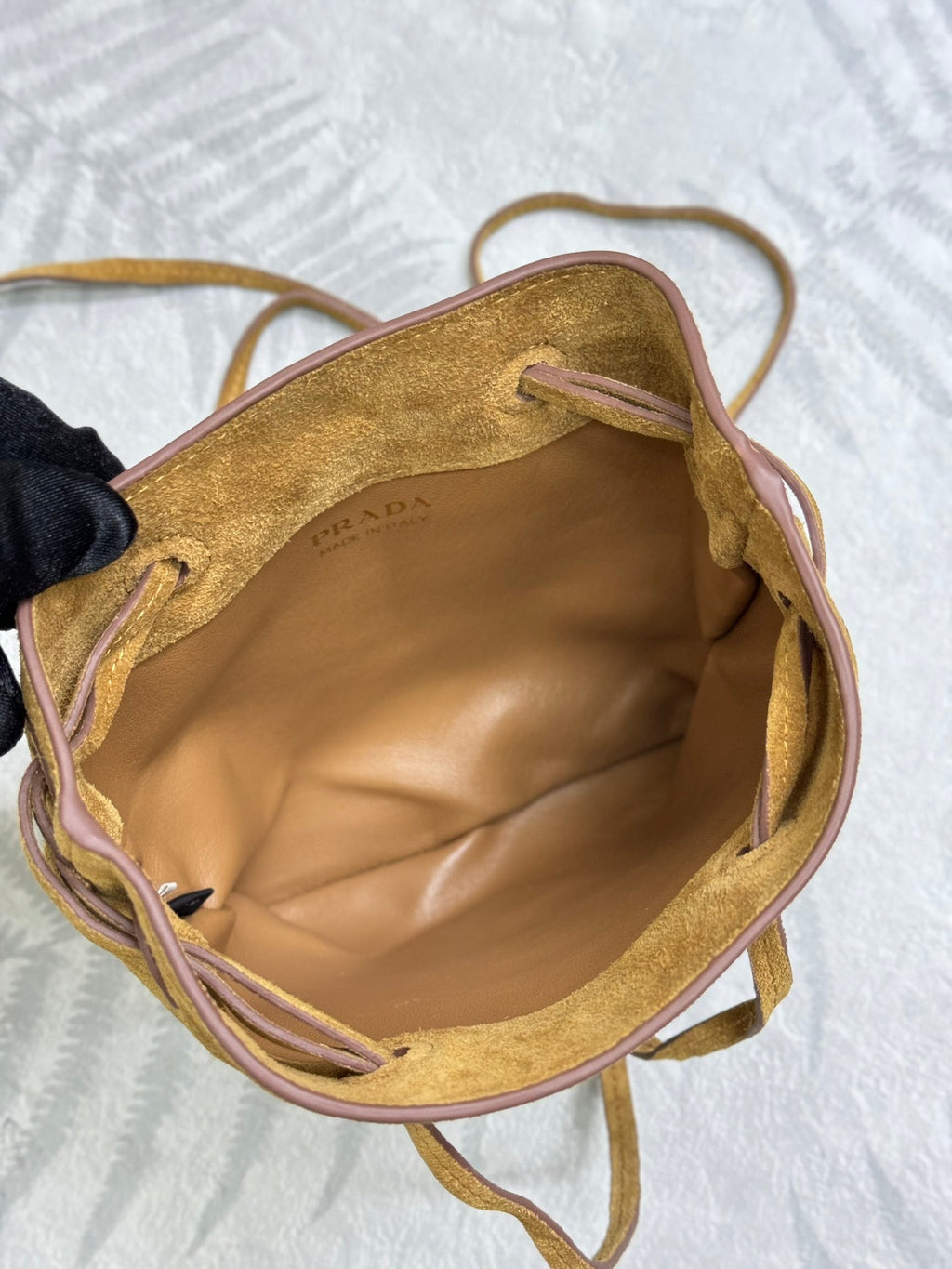 PRADA 25S BUCKET BAG 20 IN LIGHT CARAMEL SUEDE GOLD HARDWARE