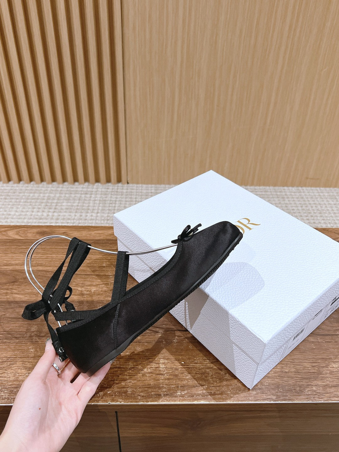 DIOR CLASSIC LACE-UP BALLET FLATS 25S IN BLACK SATIN PEARL DETAILING