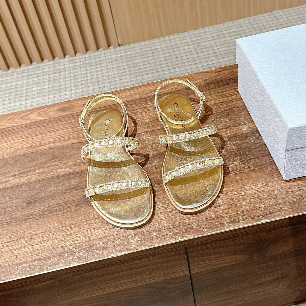 DIOR TWO-STRAP RHINESTONE SANDALS IN GOLD LAMBSKIN