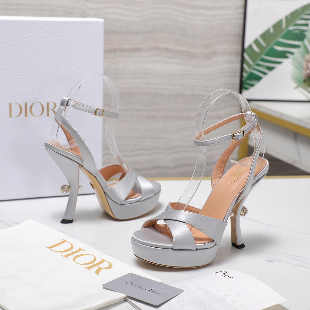 DIOR PEARL-EMBELLISHED HIGH HEEL SANDALS 25S 115 MM IN SILVER SATIN