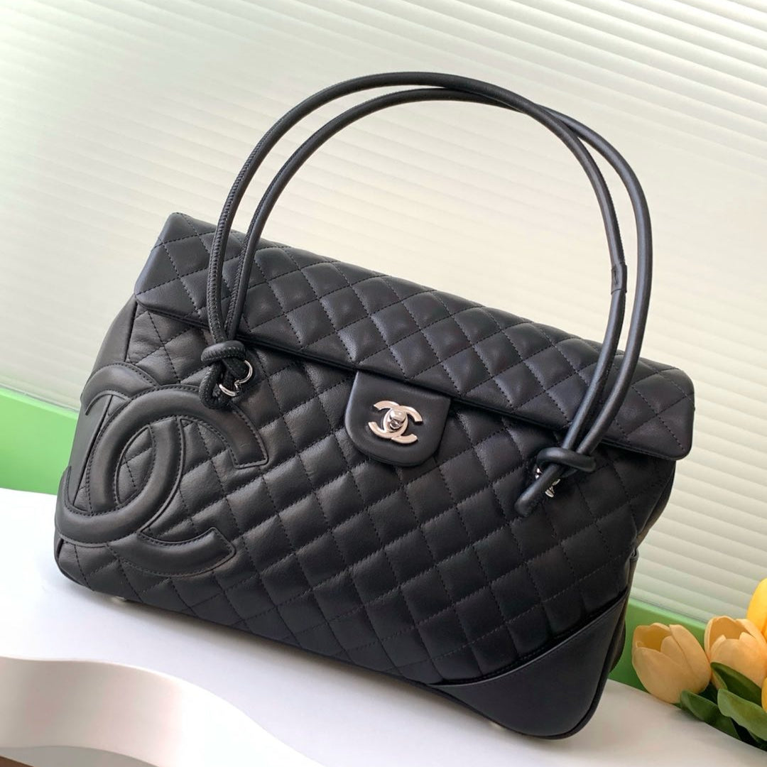 CHANEL CAMBON LARGE FLAP 25S 33 CM IN BLACK CALFSKIN WITH LOGO