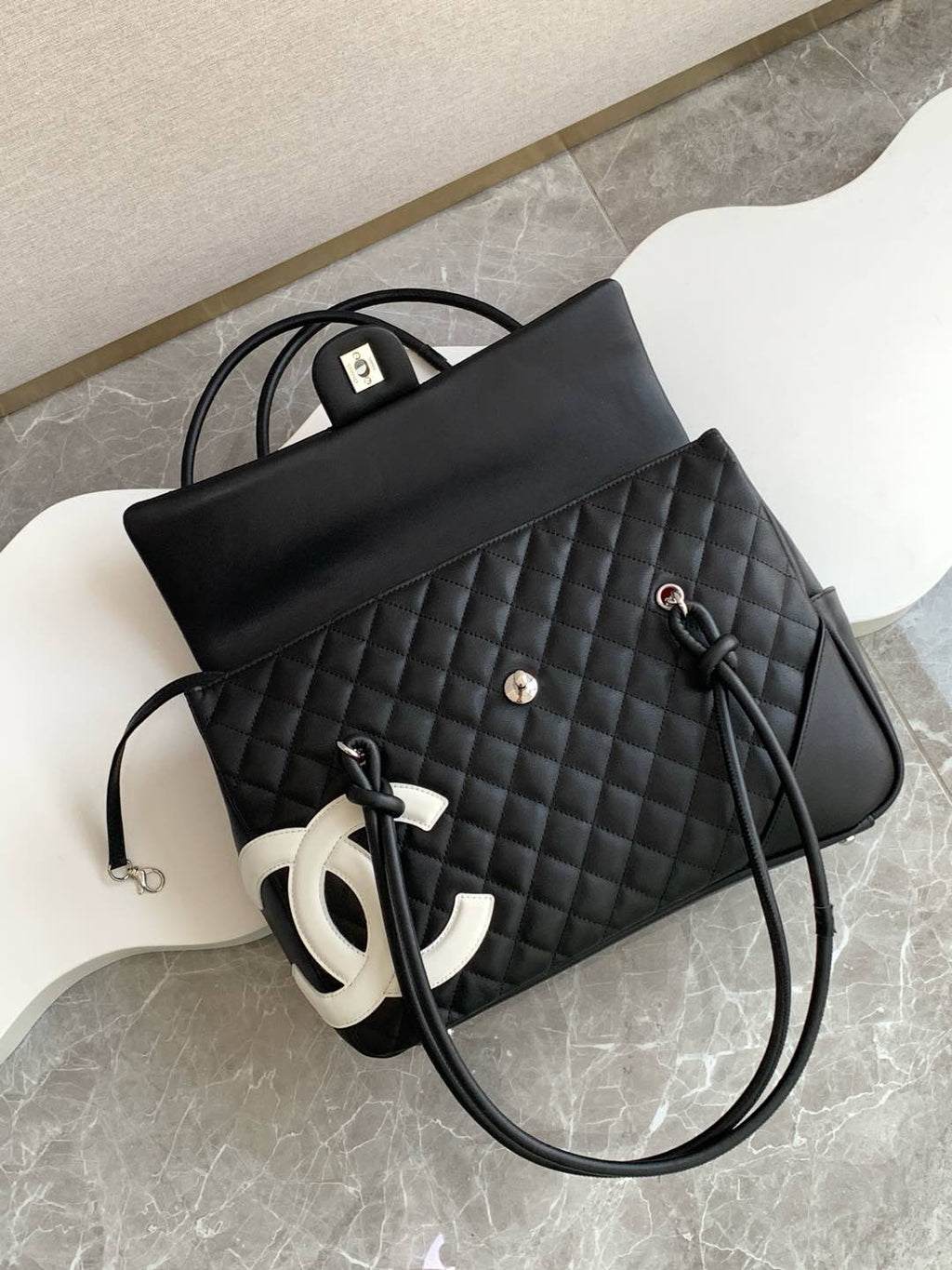 CHANEL CAMBON LARGE FLAP 25S 33 CM IN BLACK CALFSKIN WITH WHITE LOGO