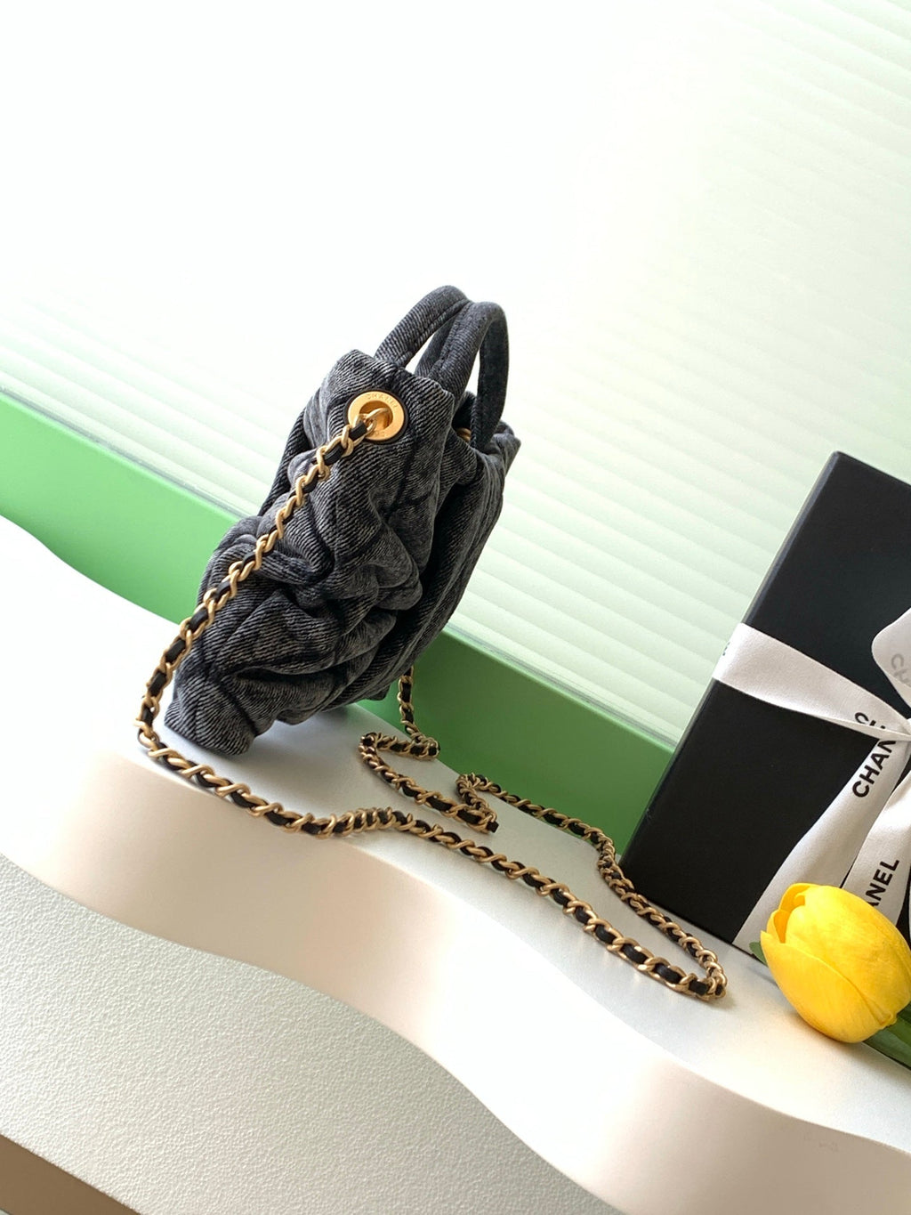 CHANEL 25S MAXI BOW BAG 26 IN DARK GREY DENIM WITH GOLD HARDWARE