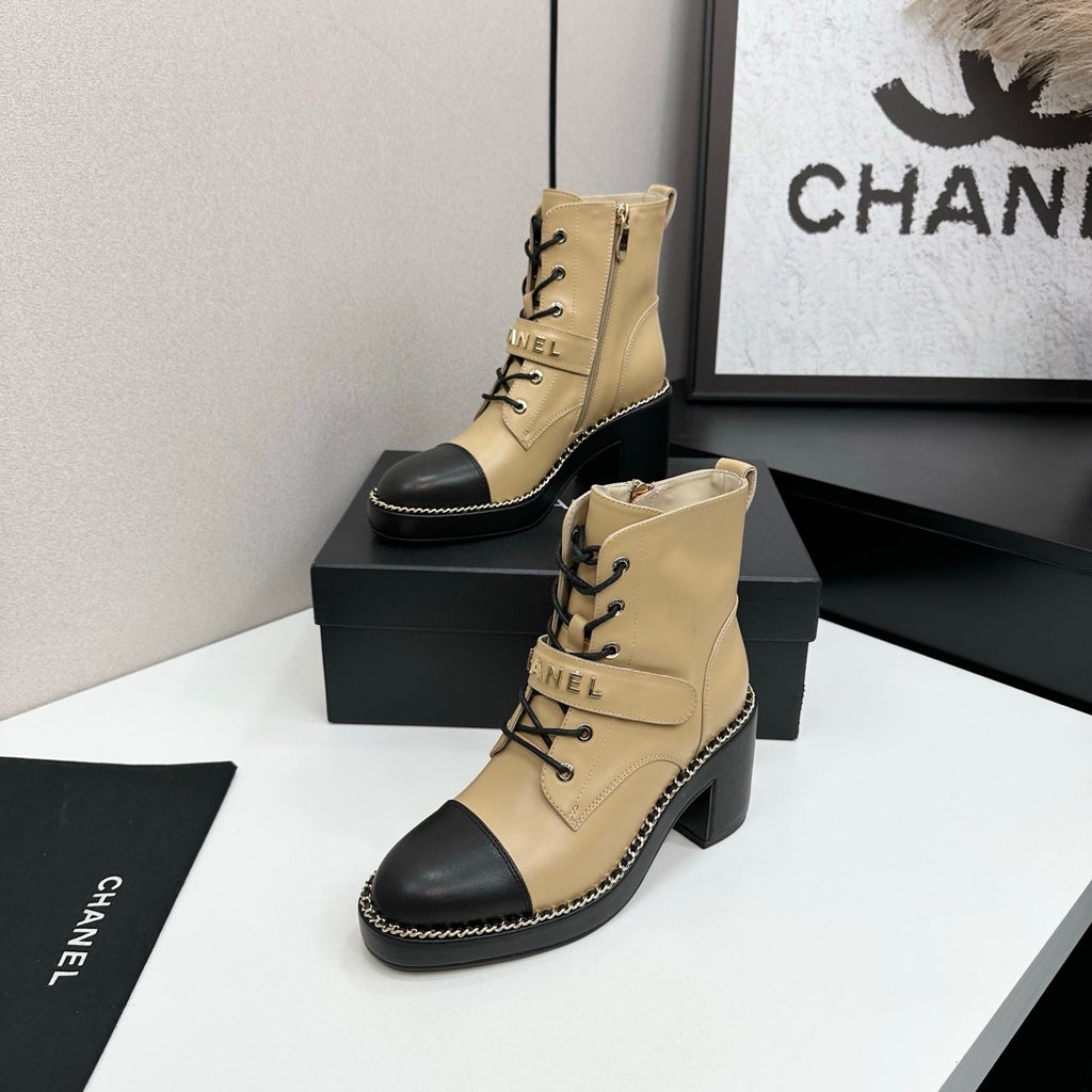 CHANEL 25S LACE-UP HEELED ANKLE BOOTS IN LIGHT GOLD CALFSKIN