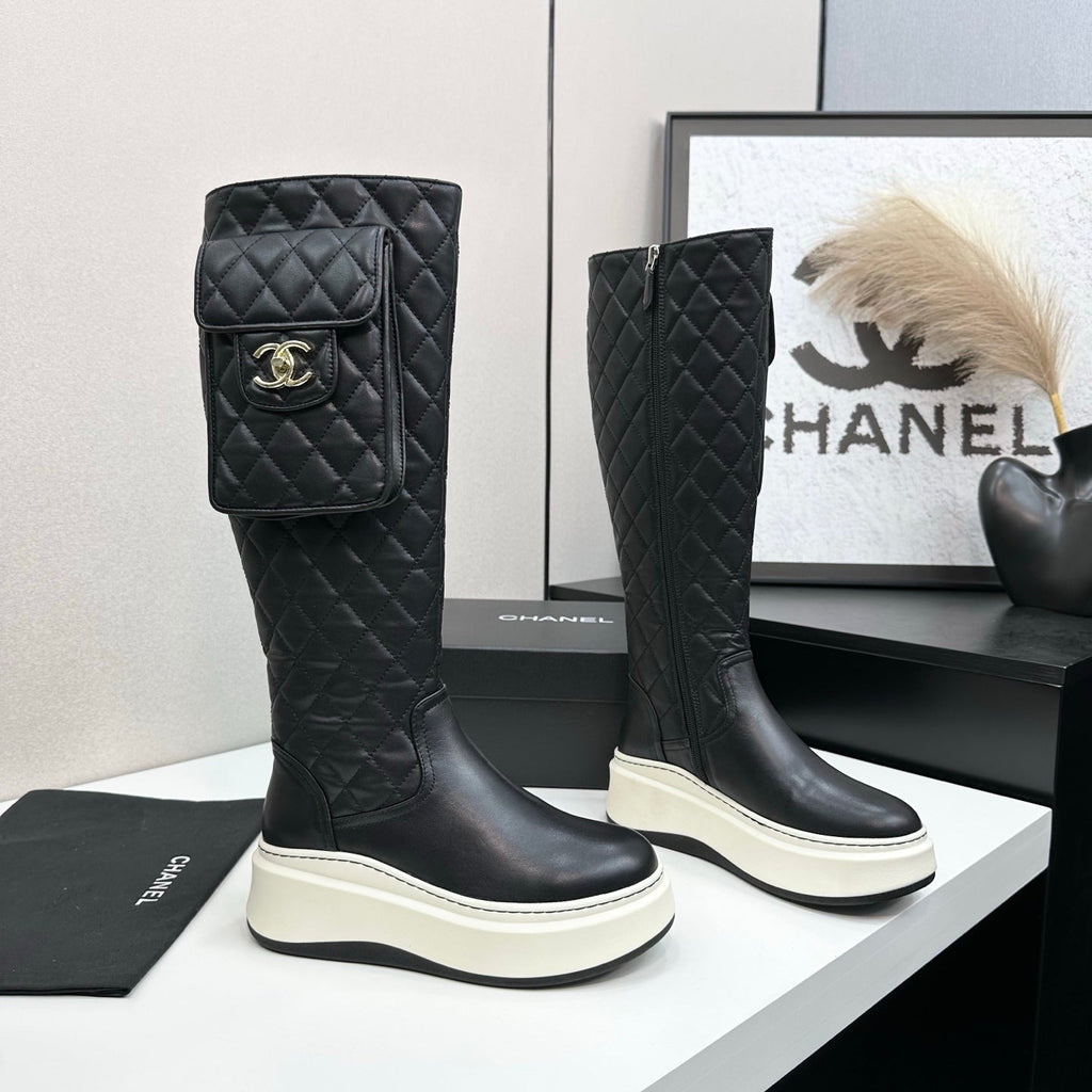 CHANEL 25S WEDGE KNEE-HIGH BOOTS IN BLACK CALFSKIN SILVER HARDWARE