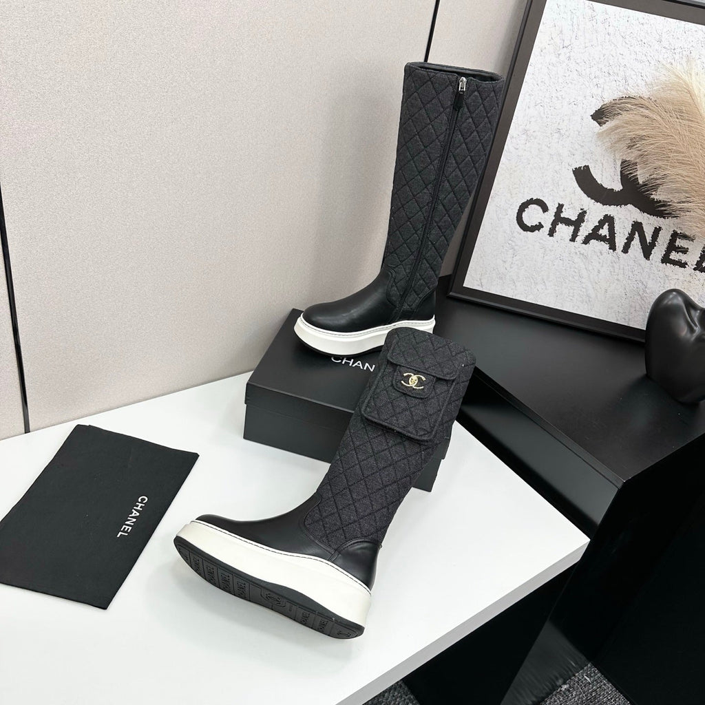 CHANEL 25S WEDGE KNEE-HIGH BOOTS IN BLACK CALFSKIN AND DENIM