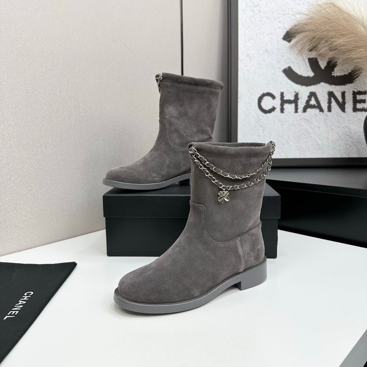 CHANEL 25S SHORT BOOTS IN GRAY SUEDE SILVER HARDWRE
