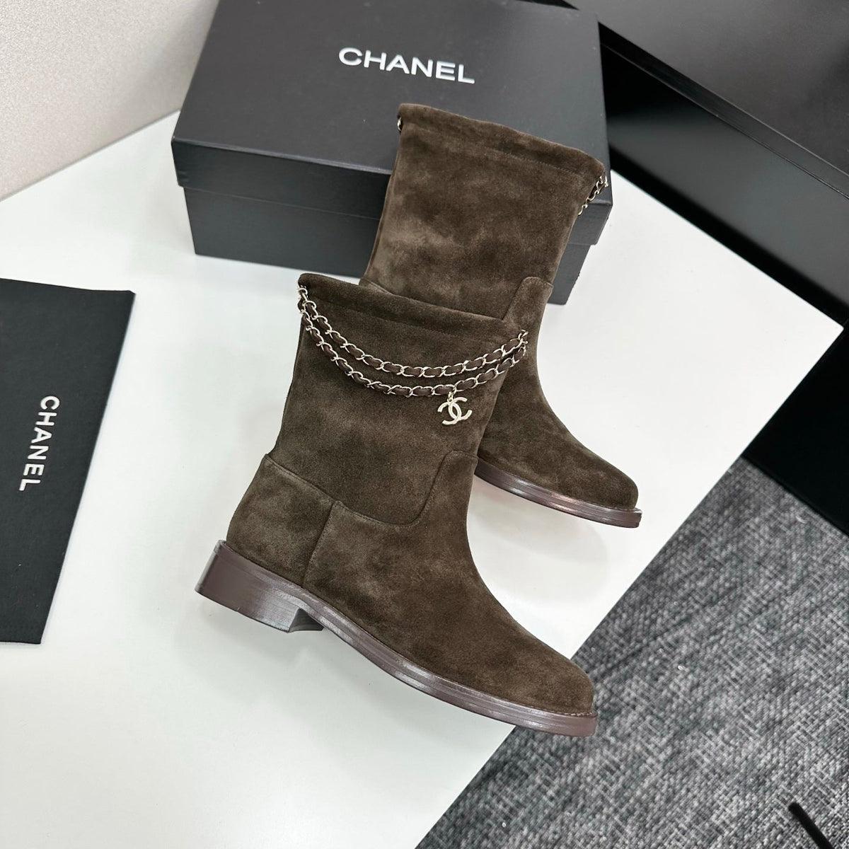 CHANEL 25S SHORT BOOTS IN BROWN SUEDE SILVER HARDWRE