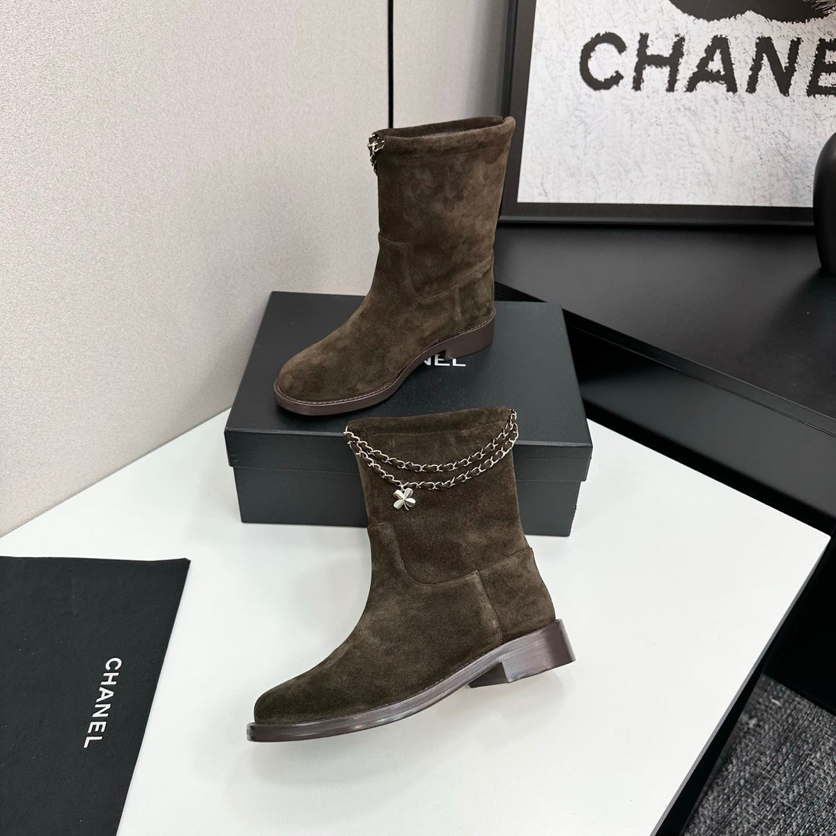 CHANEL 25S SHORT BOOTS IN BROWN SUEDE SILVER HARDWRE