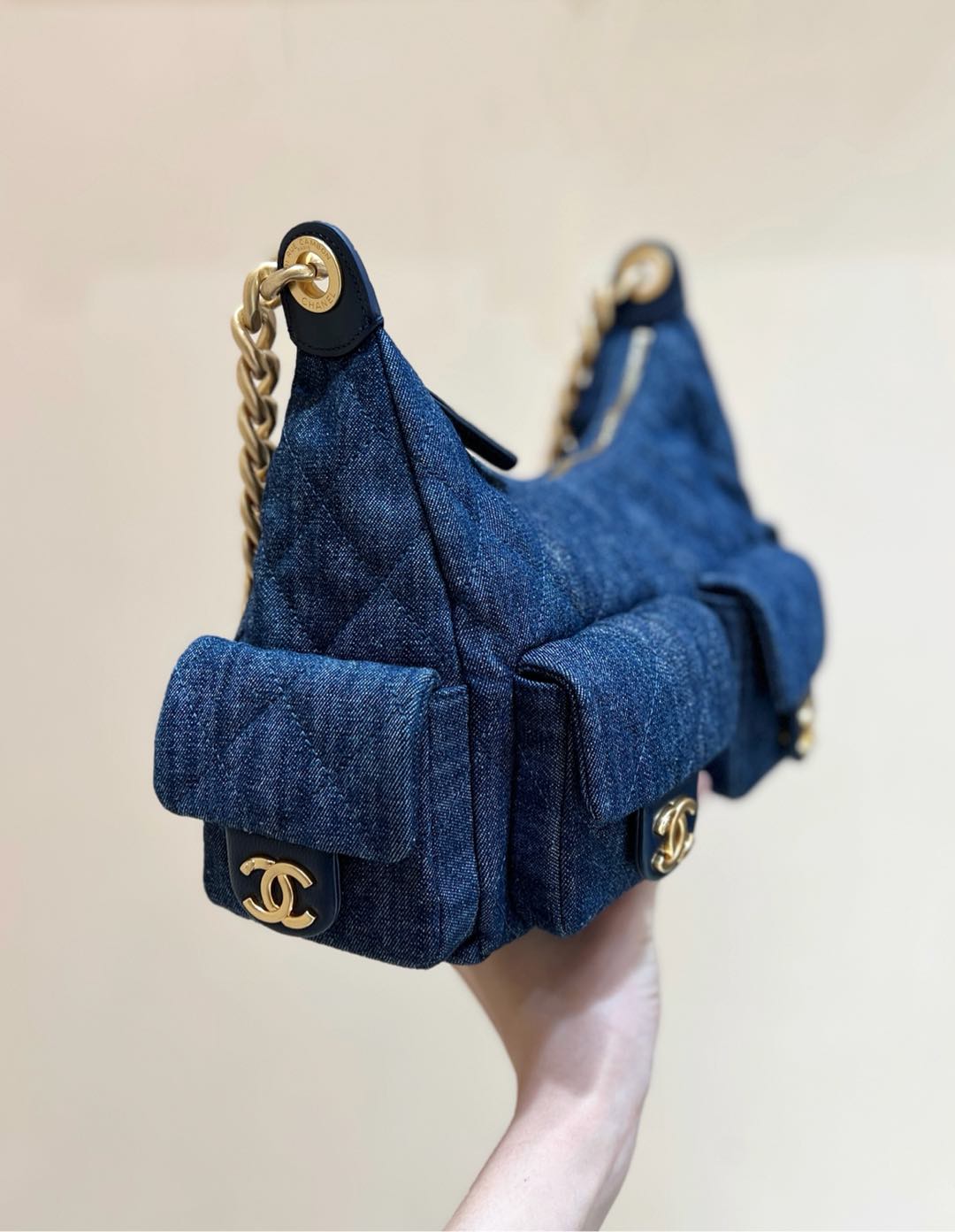 CHANEL 25S LARGE HOBO BAG 35 IN DARK BLUE DENIM GOLD HARDWARE