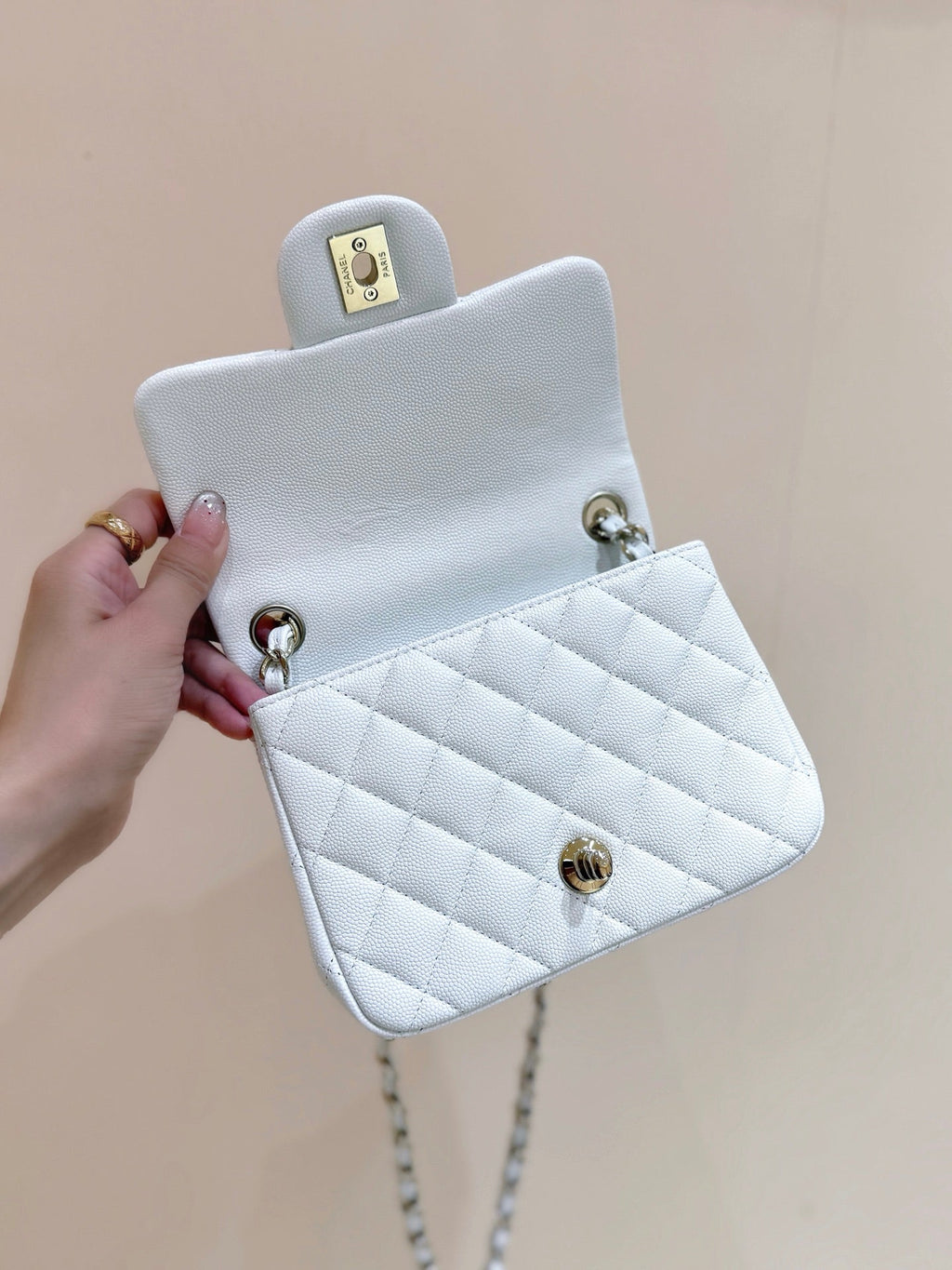 CHANEL 25S MINI SQUARE FLAP BAG 17 IN WHITE CALFSKIN CAVIAR GOLD HARDWARE