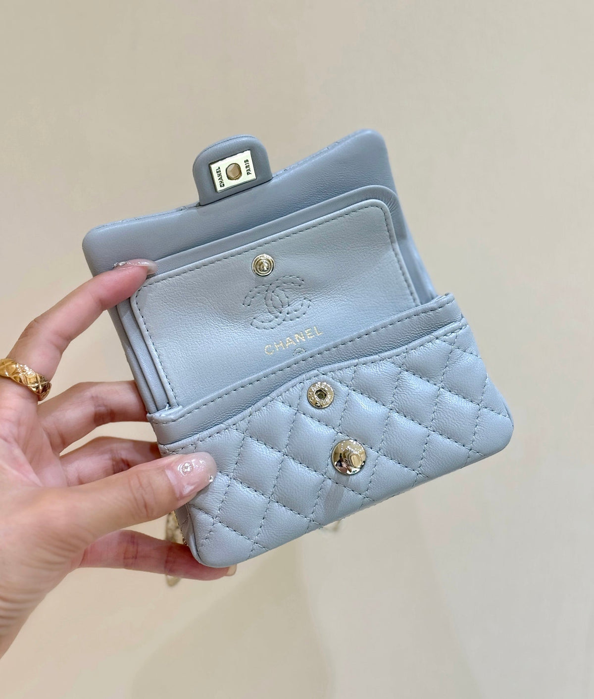 CHANEL 25S FLAP CHARM BAG 13 IN SKY BLUE LAMBSKIN