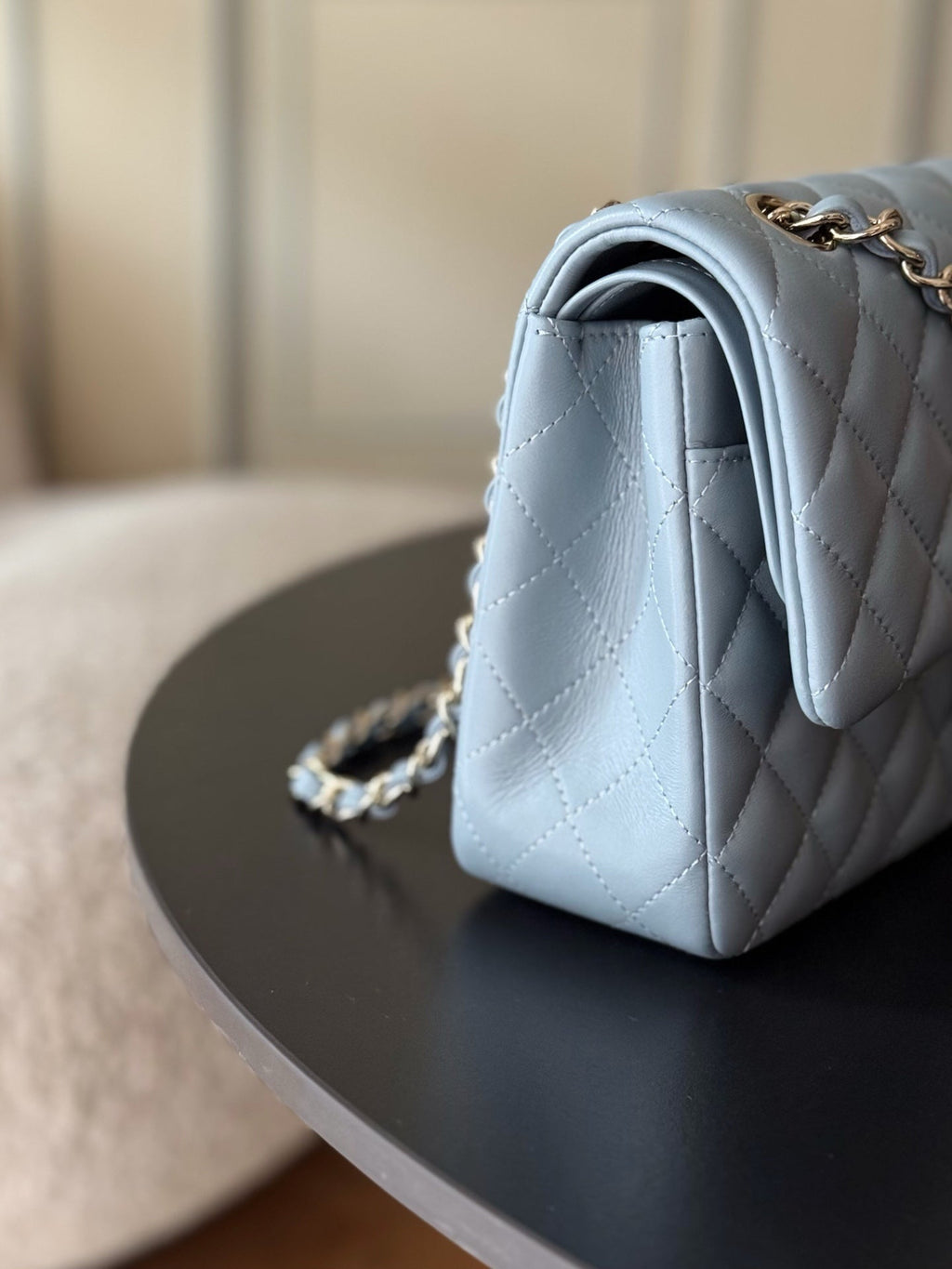 CHANEL 25S CLASSIC FLAP BAG 25 CM IN SLATE BLUE GRAY LAMBSKIN WITH GOLD HARDWARE