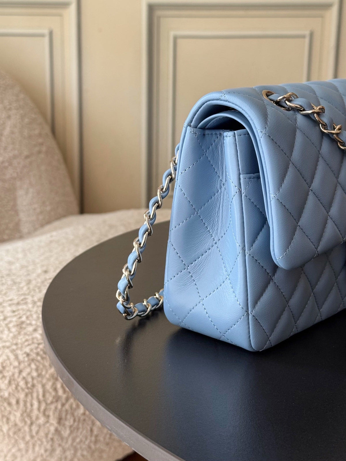 CHANEL 25S CLASSIC FLAP BAG 25 CM IN LIGHT BLUE LAMBSKIN WITH GOLD HARDWARE
