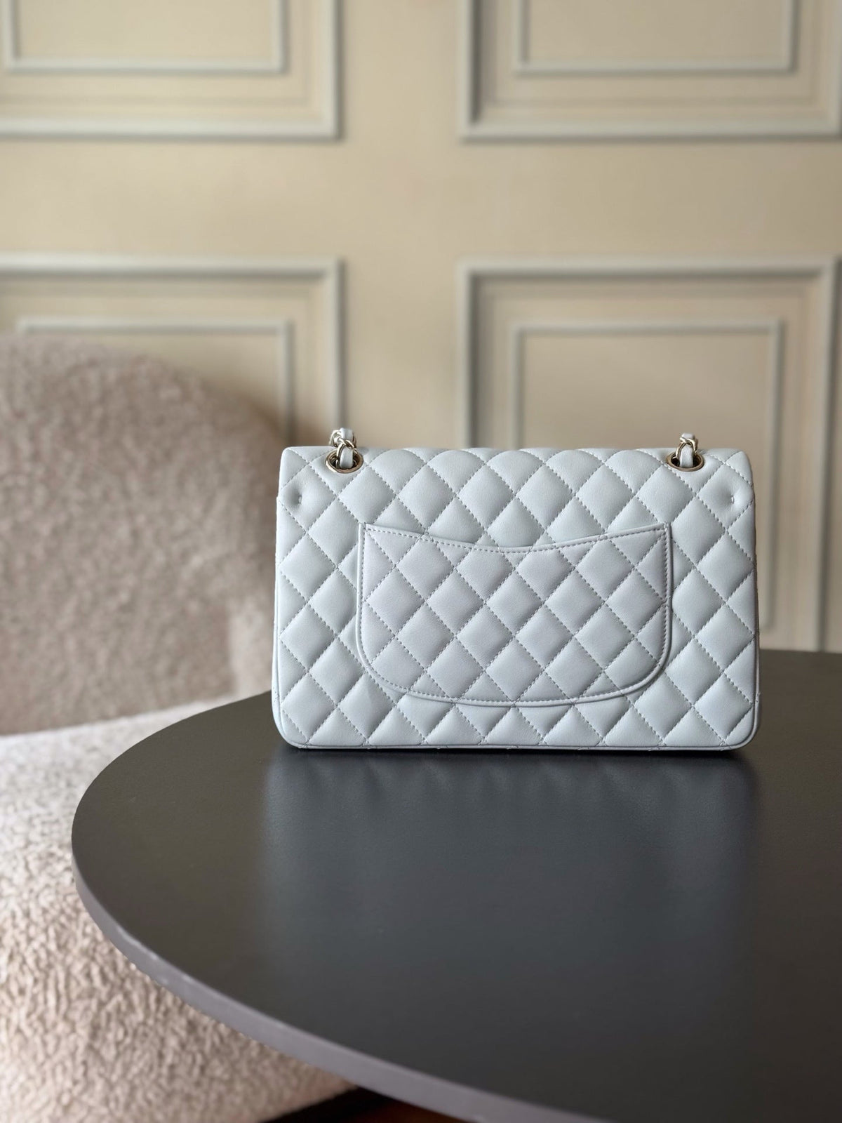 CHANEL 25S CLASSIC FLAP BAG 25 CM IN LIGHT GRAY BLUE LAMBSKIN WITH GOLD HARDWARE