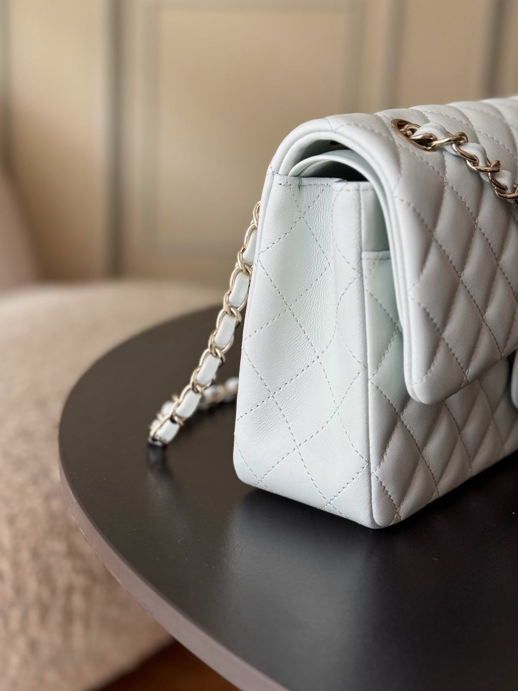CHANEL 25S CLASSIC FLAP BAG 25 CM IN LIGHT GRAY BLUE LAMBSKIN WITH GOLD HARDWARE