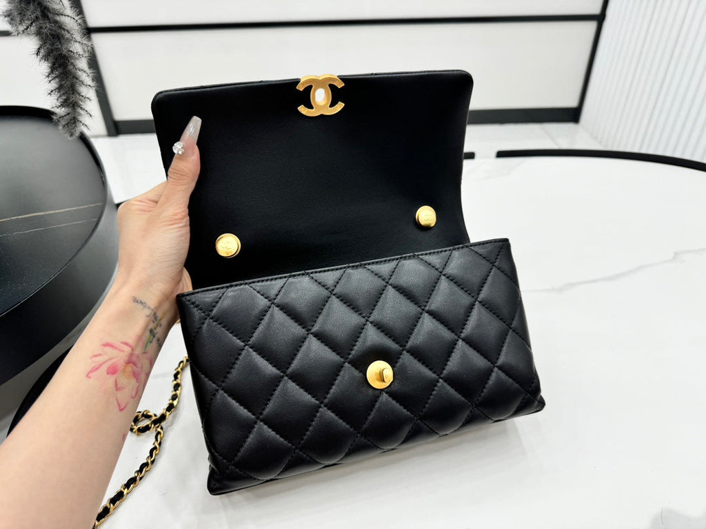 CHANEL 25S FLAP BAG 23 CM IN BLACK LAMBSKIN WITH PEARL TOP HANDLE