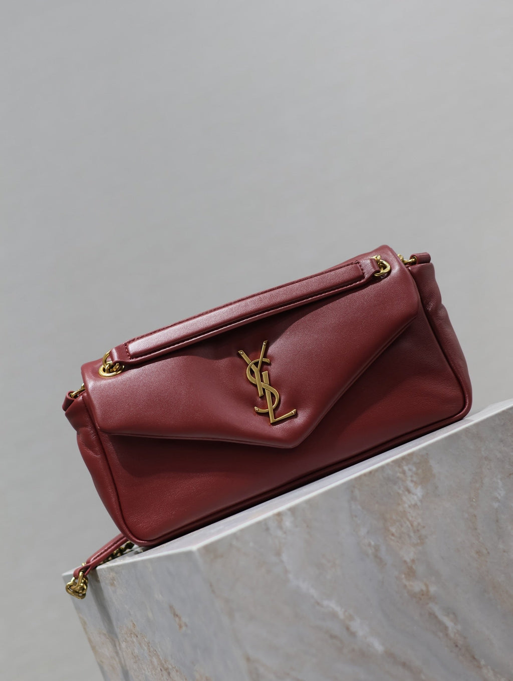 YSL 25S CALYPSO HANDBAG 26 IN BURGUNDY LAMBSKIN GOLD HARDWRE
