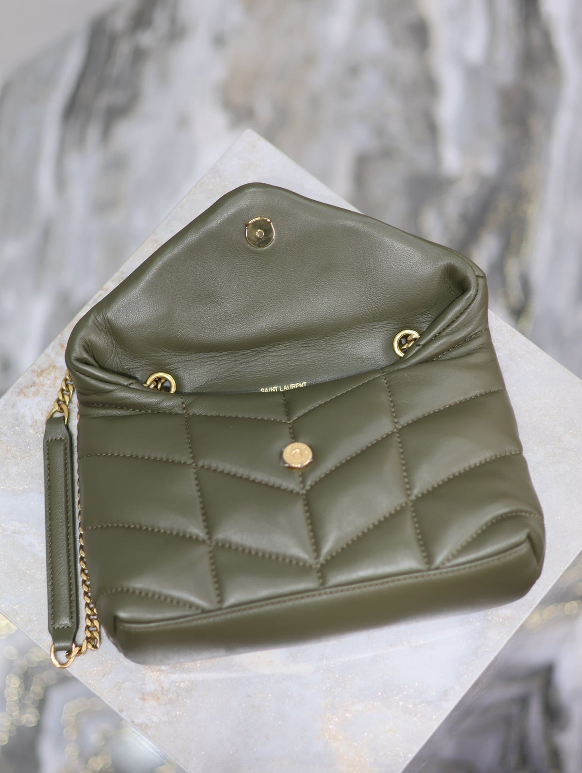 YSL 25S LOULOU PUFFER MINI 23 IN DARK OLIVE CALFSKIN GOLD HARDWRE